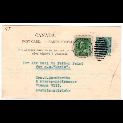 Kanada 1928, 2 C. auf 2 C. Ganzsache n. Österreich per Air Mail to Father Point