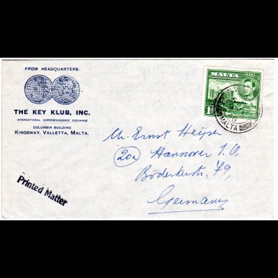 Malta 1948, 1d auf Firmen Umschlag The Key Club n. Deutschland