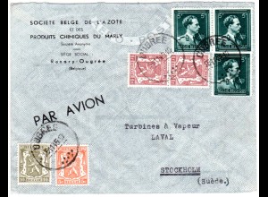 Belgien 1945, 7 Marken auf Luftpost Brief v. OUGRÉE n. Schweden