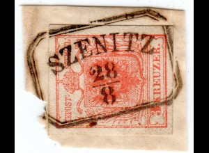 Österreich, breitrandige 3 Kr. auf Briefstück m. Ungarn Stpl. SZENITZ