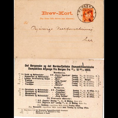 Norwegen 1893, 3 öre Orts Ganzsache m. rücks. Zudruck Nordenf. Dampskibsselskab