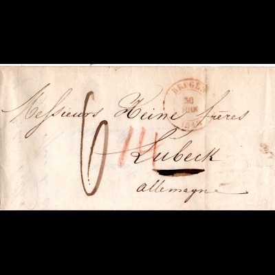 Belgien 1843, Porto Brief v. BRUGES n. Lübeck m. rs. T.T. HAMBURG