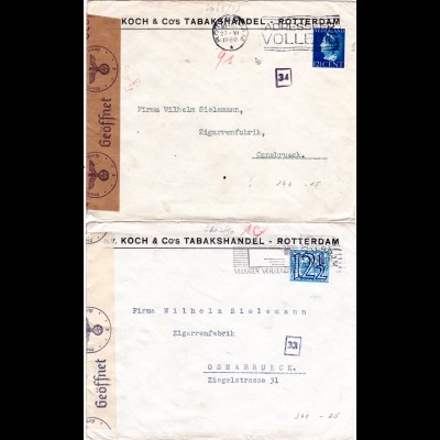 NL 1940, 2 Tabakhandel Firmen Briefe v. Rotterdam, jeweils m. Köln WK II-Zensur