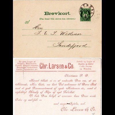 Norwegen 1899, 5 öre Ganzsache m. Christiania Reise Avis u. Stpl. ARENDAL