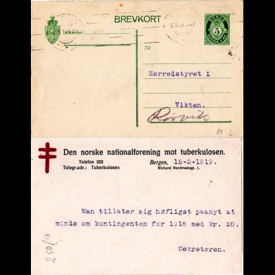 Norwegen 1919, 5 öre Ganzsache v. Bergen m. rücks. Tubekulose Hilfe Zudruck
