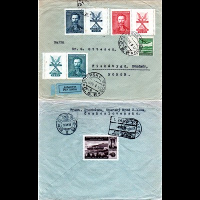 Tschechoslowakei 1938, 4 Marken auf Luftpost Brief v. Uhersky Brod n. Norwegen