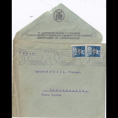 DR 1921, Brief v. München n. Oppeln m. rücks. gedrucktem ADAC Absender. #1950