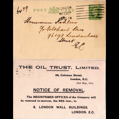 GB 1910, 1/2d Ganzsache m. rücks. Zudruck The Oil Trust Ltd.