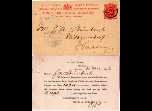 GB 1903, 1d Ganzsache m. rücks. Zudruck d. Deutschen Bank, Londoner Filiale