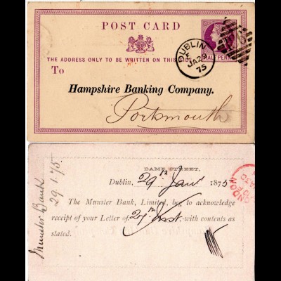 GB Irland 1875, 1/2d Ganzsache v. Dublin m. Zudruck Hampshire u. Munster Bank 
