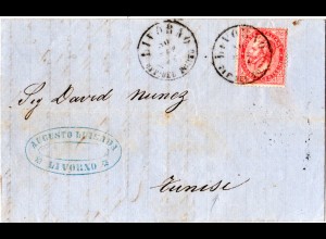 Italien 1864, 60 C. Brief v. LIVORNO OFF. DEL PORTO n. Tunesien. 