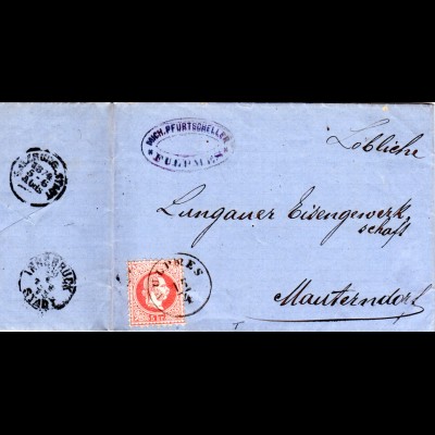 Österreich 1873, K1 FULPMES u. Absender-Cachet auf Brief m. 5 Kr n. Mauterndorf