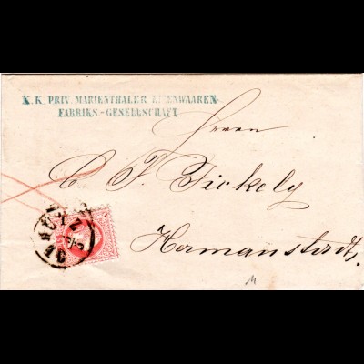 Österreich 1868, 5 Kr auf Firmenbrief Marienthaler Eisenwaren v. K1 OLMÜTZ