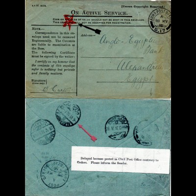 GB 1915, censored field post cover from APO S.17 to Egypt with Delayed label