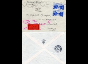Norwegen 1938, MeF Paar 30 öre auf Express Hotel Brief m. Bahnpost n. Schweden