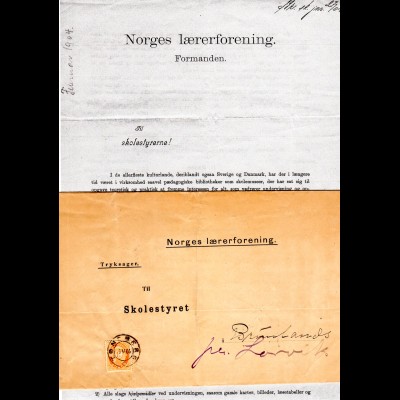Norwegen 1904, EF 3 öre auf kpl. Norges Laererforening Drucksache v. Tönsberg