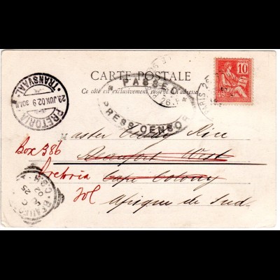 Frankreich 1902, 10 C. auf Zensur Karte v. Paris ans Kap der Guten Hoffnung. 