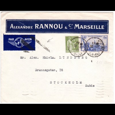 Frankreich 1939, Brief m. Luftpost Annullierungsstpl. v. Marseille n. Schweden