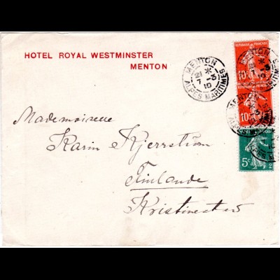 Frankreich 1910, Paar 10+5 C. auf Hotel Brief v. MENTON n. Finnland