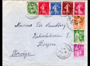 Frankreich 1935, 8 versch. Marken auf Brief v. Rouen n. Norwegen