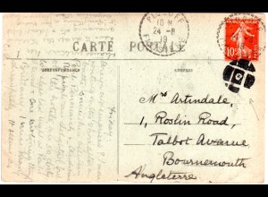 Frankreich 1919, 10 C. auf Karte v. PLOGOFF m. zusätzl. stummem Kork Stpl. n. GB