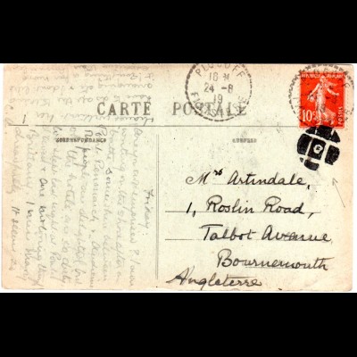 Frankreich 1919, 10 C. auf Karte v. PLOGOFF m. zusätzl. stummem Kork Stpl. n. GB