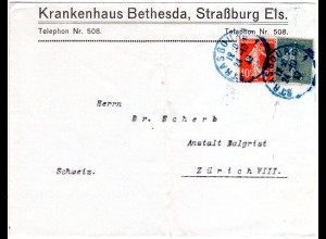 Frankreich 1919, blauer (!) K1 STRASBOURG 1 auf Brief m. 10+15 C. i.d. Schweiz