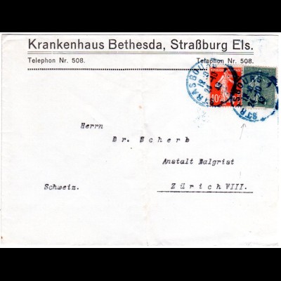 Frankreich 1919, blauer (!) K1 STRASBOURG 1 auf Brief m. 10+15 C. i.d. Schweiz