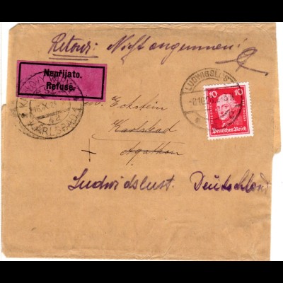 DR 1928, 10 Pf. auf Drucksache Schleife v. Ludwigslust m. CSSR Refusé Etikett