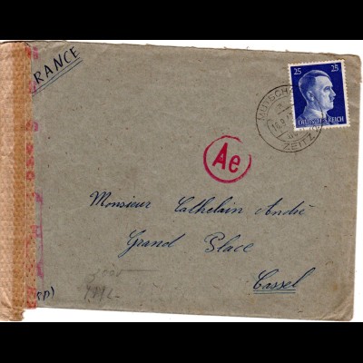 DR 1943, 25 Pf. auf Fremdarbeiter Lager Brief v. Mutschau b. Zeitz n. Frankreich