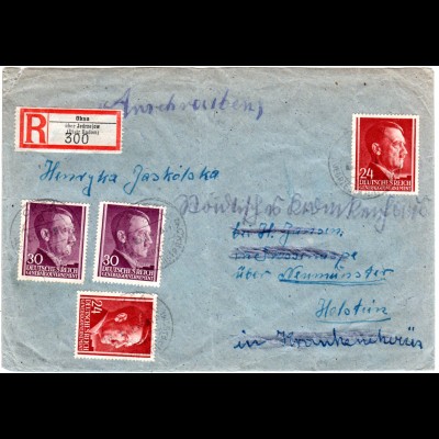 Generalgouvernement 1943, je 2x24+30 G. auf Einschreiben Brief v. Oksa/Jedrzejow
