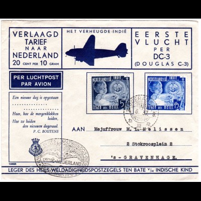 NL Indien1937, 5+15 C. auf DC-3 Erstflug Brief v. Soerabaja