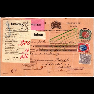 NL 1910, 10+25+50 C.auf Nachnahme Paketkarte v. Amsterdam i.d. Schweiz