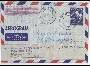 Norwegen Singapore 1953, 55 öre aerogramm Ganzsache Brief v. Horten. #1617