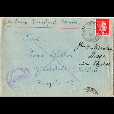 Dt. Dienstpost Ukraine, 12 Pf auf Brief v. SAPOROSHJE m. Eisenbahn Briefstempel