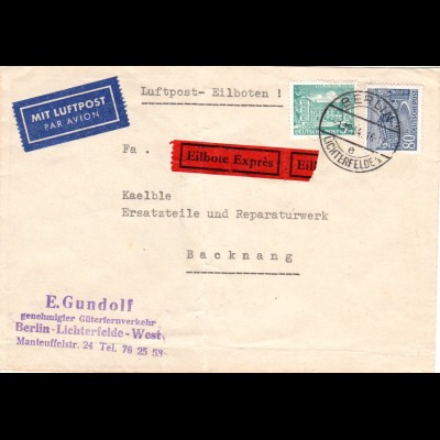 Berlin 1954, 80+5 Pf. auf Luftpost Eilboten Brief n. Württemberg