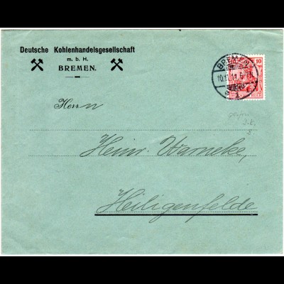 DR 1911, 10 Pf. Germania m. perfin Firmenlochung auf Brief v. Bremen 