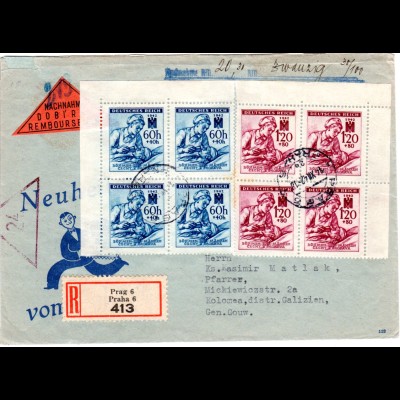 Boehmen u. Maehren 1942, 2 Viererblocks auf Nachnahme-Reko Brief n. Galizien
