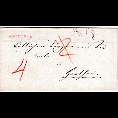 Baden 1837, roter L1 MOESKIRCH.R.2. auf Porto Brief n. Hartheim