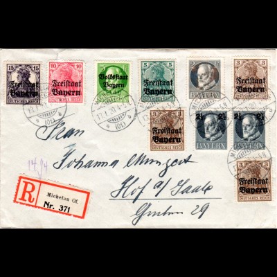 Bayern 1920, 10 Marken auf Einschreiben Brief v. MICHELAU Of. n. Hof