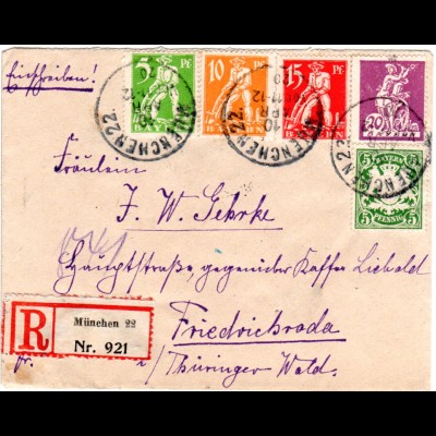 Bayern 1920, 5 Marken auf Einschreiben Brief v. MUENCHEN 22 n. Friedrichroda