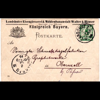 Bayern 1890, 5 Pf. Ganzsache m. Zudruck Landshut Eisengiesserei Walter&Häuser