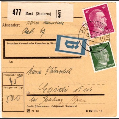 DR 1944, 5+40 Pf. auf Ostmark Paketkarte m. B-Etikett u. Steiermark Stpl. RAST