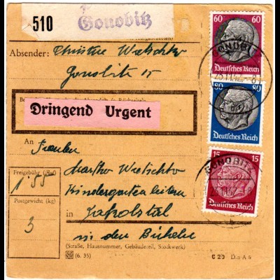 DR 1942, 15+60+80 Pf. auf Ostmark Paketkarte m. Steiermark Stpl. GONOBITZ