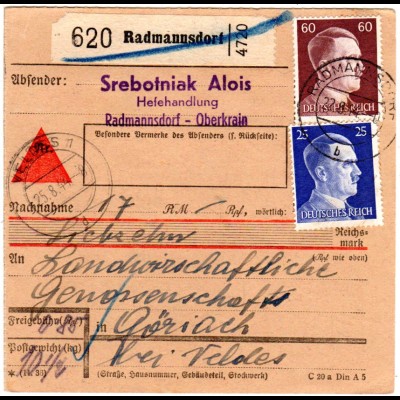 DR 1944, 25+60 Pf. auf Ostmark Nachnahme-Paketkarte m. Krain Stpl. RADMANNSDORF