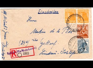 1948, 4 Marken auf Brief m. Not-Einschreiben-Zettel REHFELDE Krs. NIEDERBARNIM