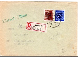 SBZ 1948, 10+75 Pf. auf Einschreiben Brief v. Berlin 76 n. Halle
