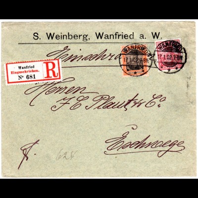 DR 1902, 10+30 Pf. Reichspost auf Einschreiben Brief v. WANFRIED n. Eschwege