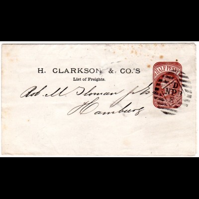 GB, barred D NPB E on 1/2d Stationery wrapper to Hamburg. H. Clarkson & Co.