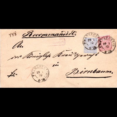 NDP 1870, 1+2 Gr. auf Einschreiben Brief m. K2 FRANKFURT A/O u. viol. Reko-Stpl.
